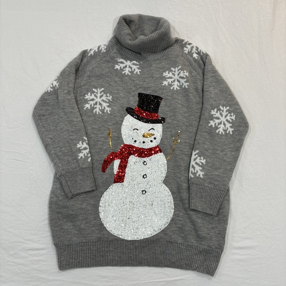 Christmas Snowman Sweater Womens XL Gray Turtleneck Pockets Holiday Casual‎